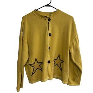 Retro Indie Star Cardigan Genuine Yellow Cotton Button Front Size M